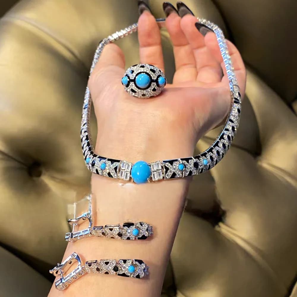 Smalto nero sintetico blu turchese stampa leopardo collana orecchini anelli pantera argento 925 set di gioielli per le donne festa