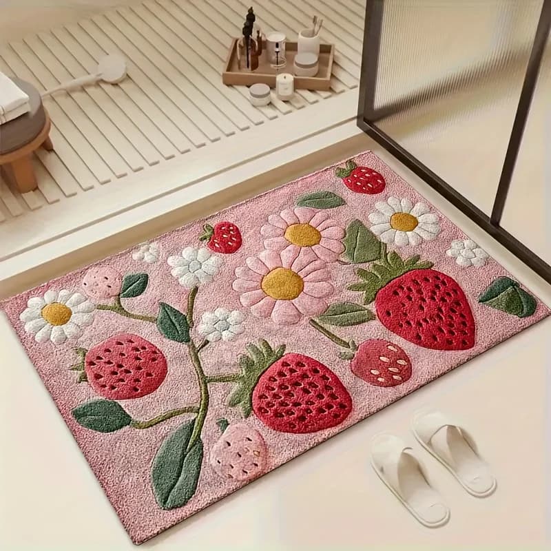 Tappetino da bagno con motivo fragola e floreale – Design rosa tenue per bagno, cucina e ingresso, tappetino decorativo 40x60 cm 16x24 pollici