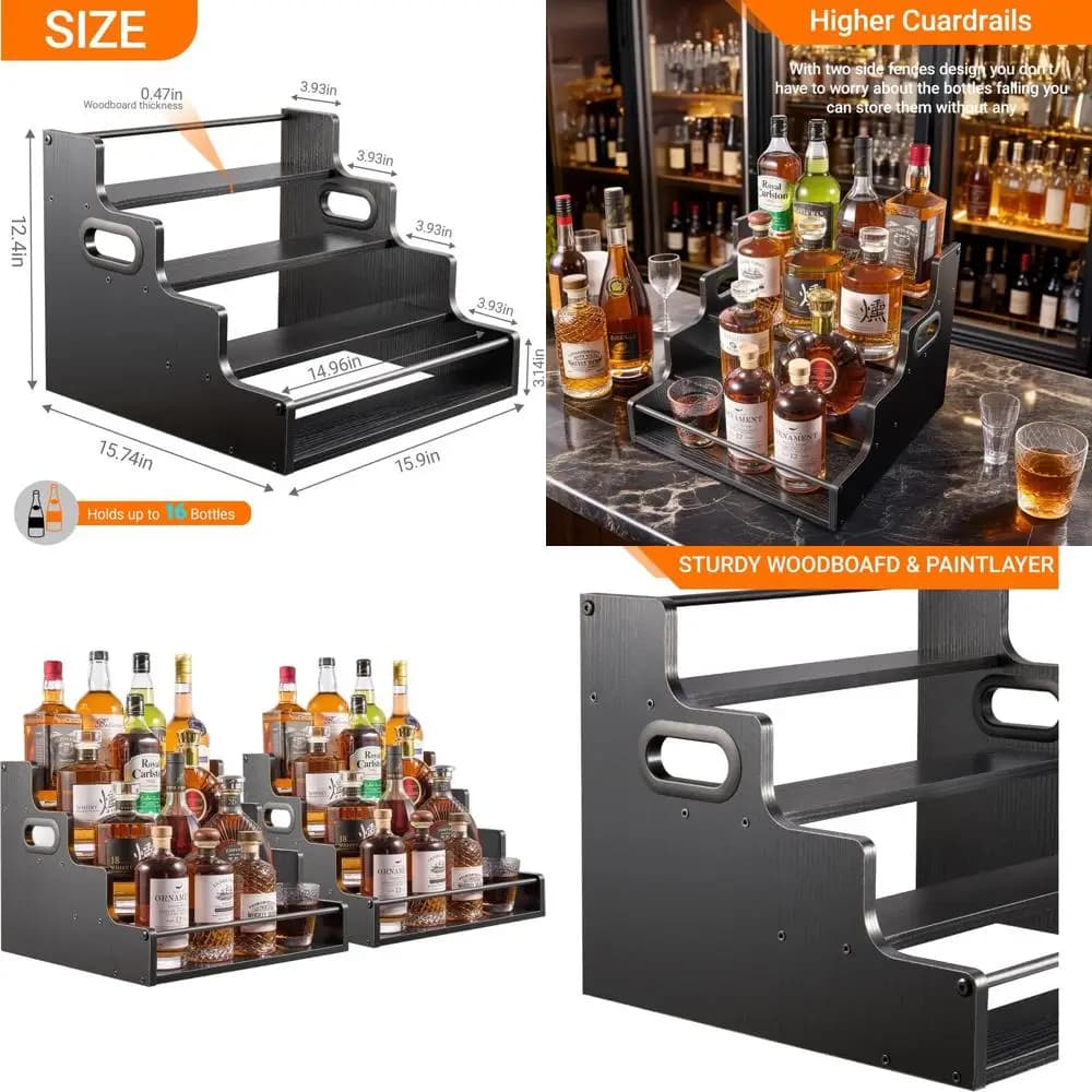 Confezione da 2 Espositori in Legno a 4 Livelli per Bottiglie di Liquori, Organizzatore da Bancone da 16 Pollici per Whisky e Bourbon, per Bar Domestico, Cucina (Nero)