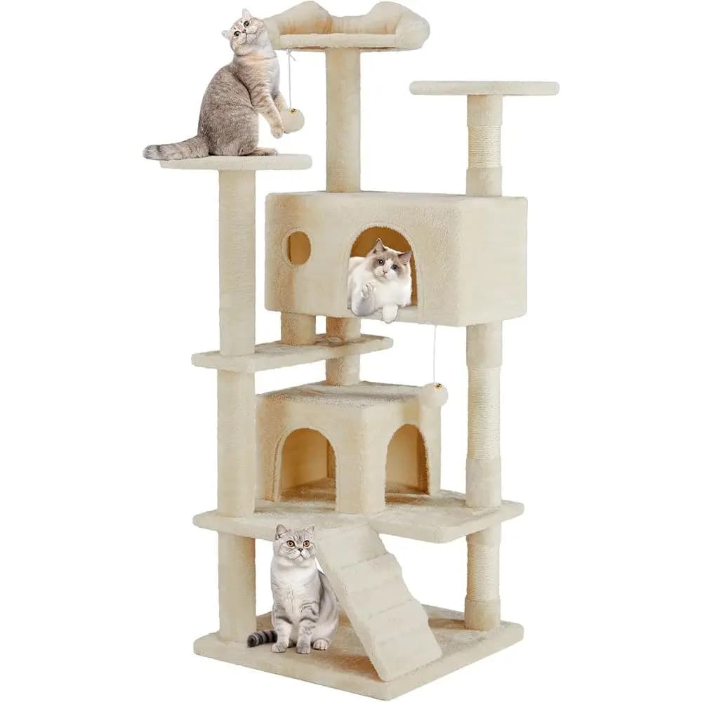 Torre per Gatti a 54 Livelli con Cuccia, Piattaforme, Pali in Sisal, Scala per Arrampicarsi e Palline da Gioco - Beige