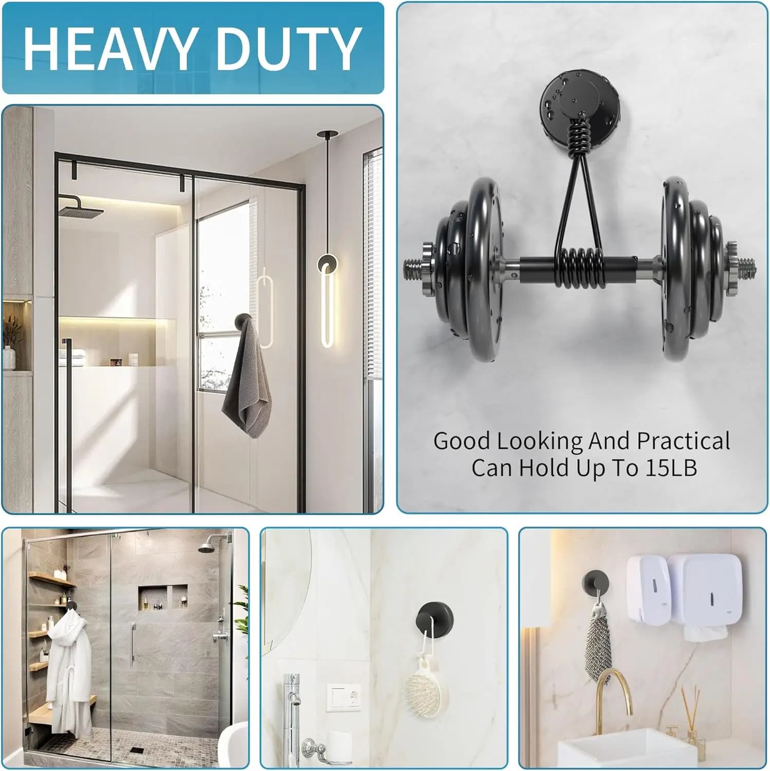 2 PCS Suction Cup Hooks for Shower, 15 lbs (max) Removable Towel Hooks for Bathroom Window Glass Door Wall, Versatile Black Shower Hook, Bath Robe Looafh Hook for Hanging - Black
