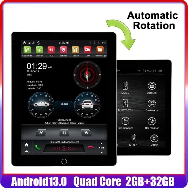 For Tesla Style Rotation Automatic Screen 2 Din Universal Android 13.0 Auto DVD GPS Multimedia Auto Radio Car Stereo 10.1"