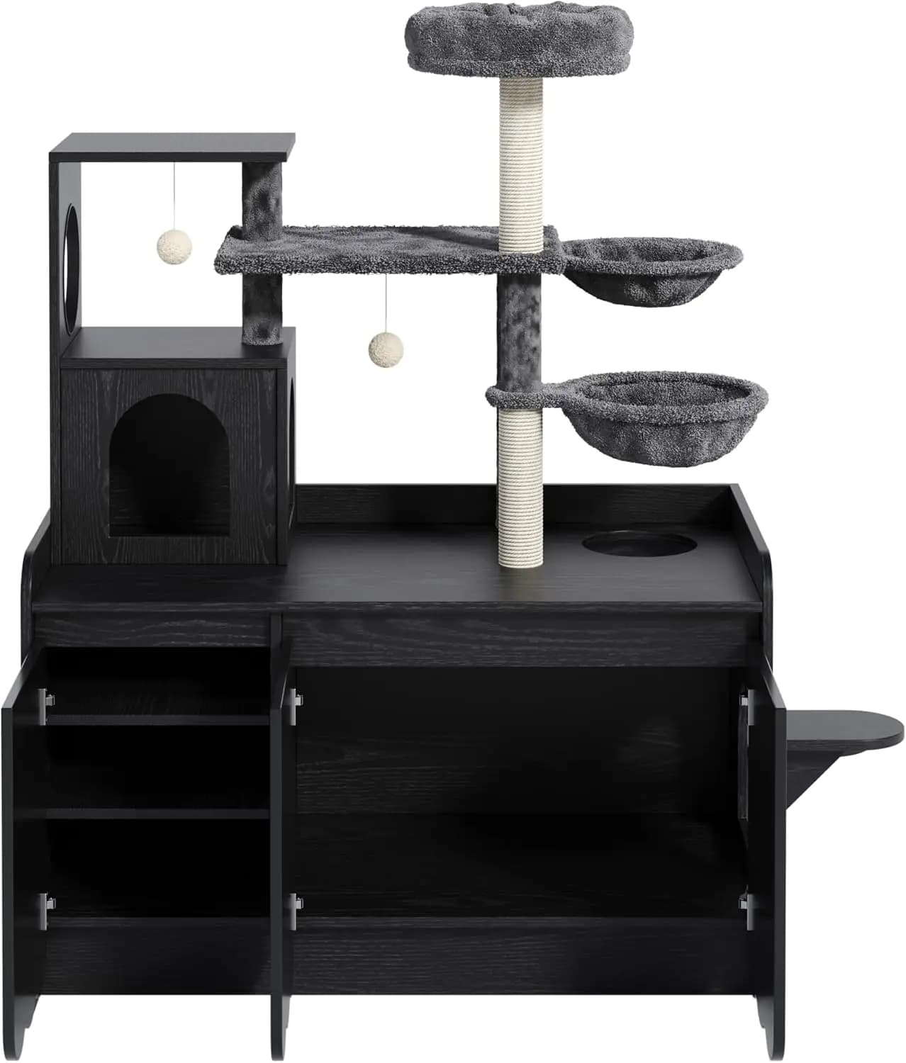 56" H Cat Tree Tower with Storage Cabinet, Modern Wood Condo with Sisal Scratching Post and Top Perch, All-in-one Furniture Hidd