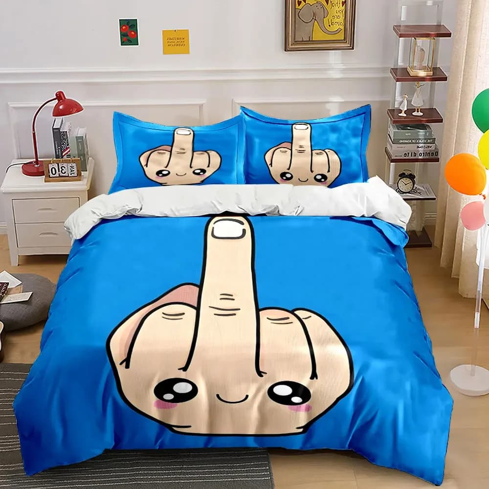 Set di Biancheria da Letto Kawaii con Motivo Dito Medio, 3 Pezzi, Copripiumino con Stampa di Mano Sorridente + 2 Federe, Decorazione Divertente e Audace