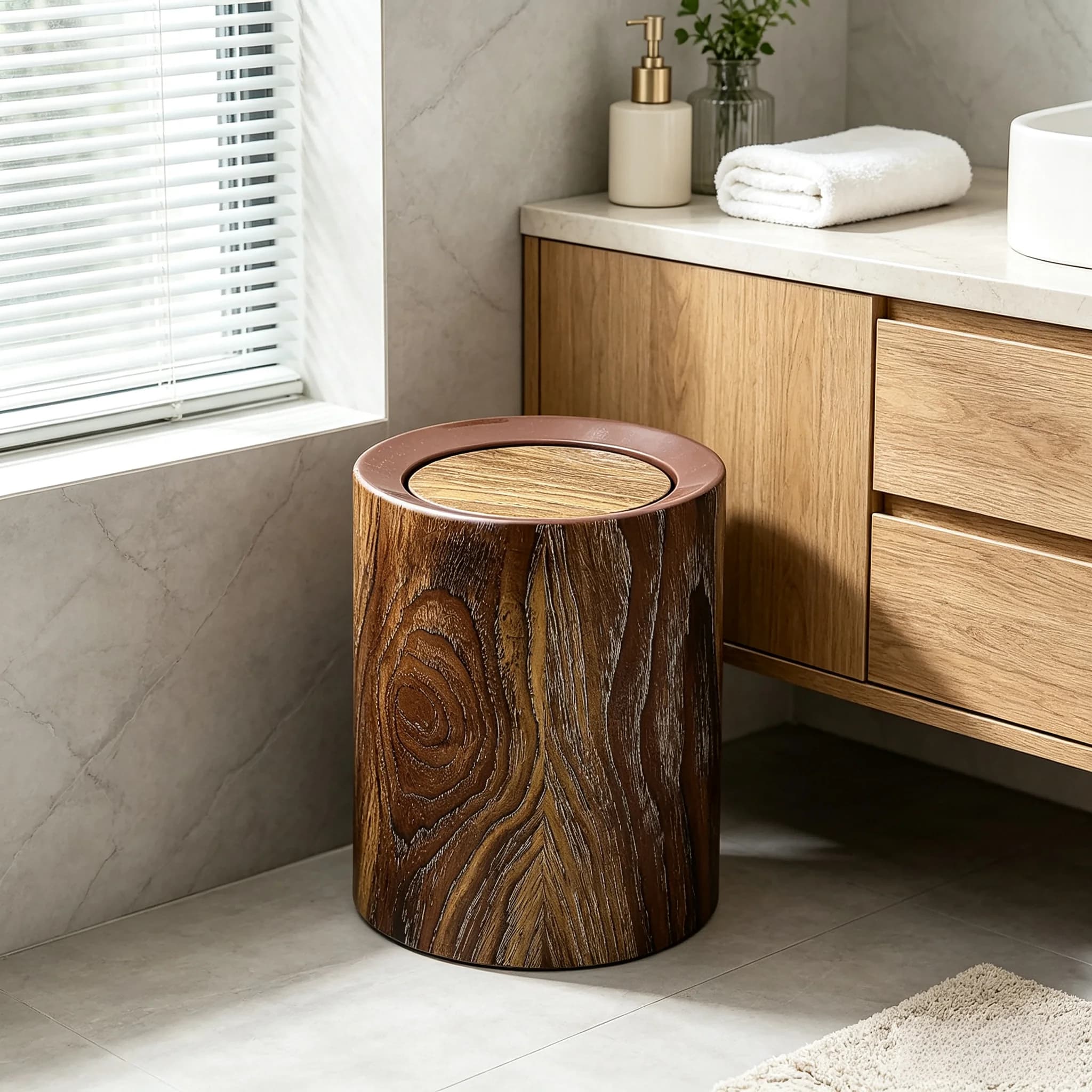 Round Wood‑Grain Swing‑Lid Trash Can, Decorative Plastic Waste Bin with Removable Inner Bucket, Lidded Wastebasket for Bathroom, Bedroom, Living Room, Office Home Decor
