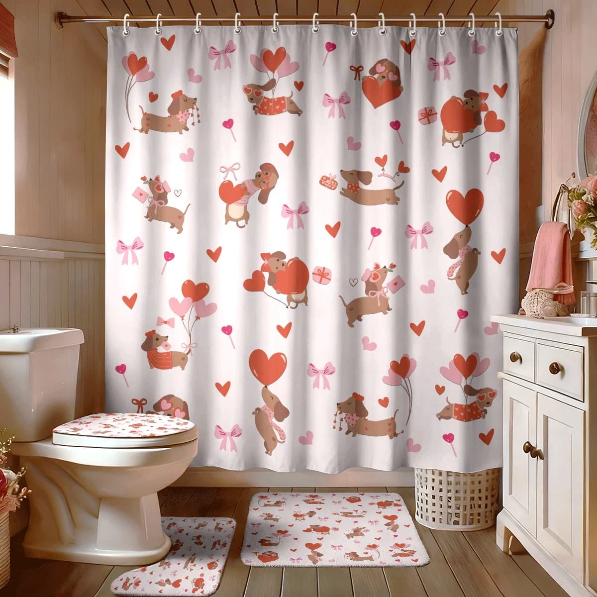 Set da Bagno 4 Pezzi per San Valentino con Stampa Cane Salame, Tenda Doccia Impermeabile 180x180, Tappetino e Tappetino a U per WC