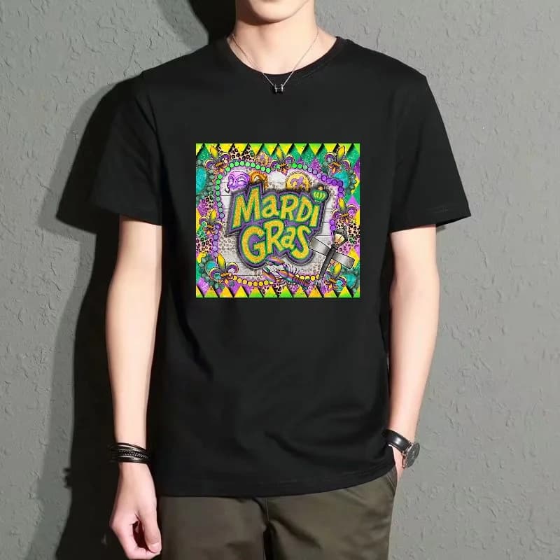 Men's Black Round-Neck Short-Sleeved T-Shirt, Carnival-Themed Colorful Printed Top, Street Fashion Casual Style, Breathable and Comfortable, Versatile Item for Daily Outings and Vacations
