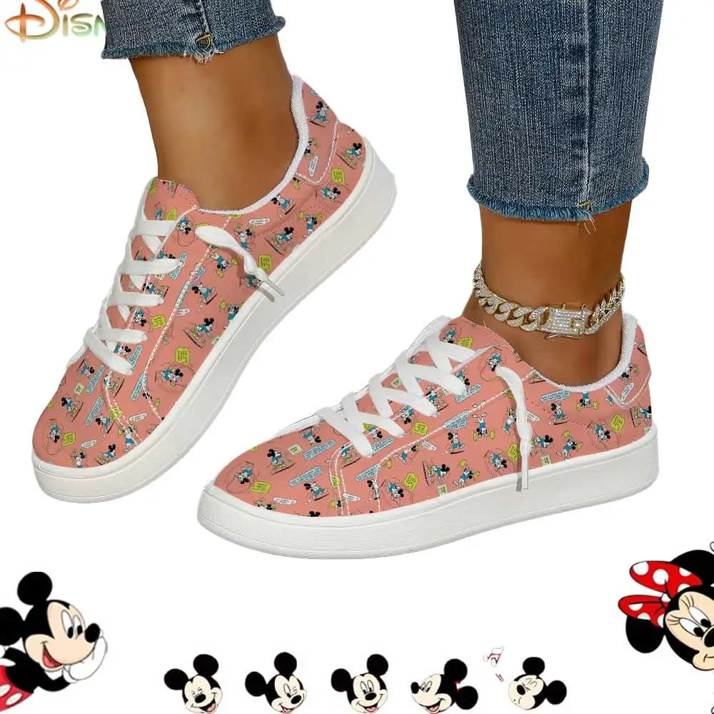 Sneakers Casual Disney Classic con Motivo Fumetto Topolino, Comode Scarpe Basse con Lacci Rosa per Donna