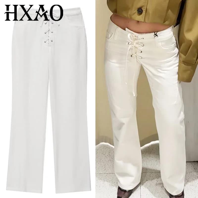 HXAO 2025 Pantaloni da donna Pantaloni bianchi Jeans Donna Fiocco con lacci Pantaloni svasati a vita media Chic Elegante Denim Abbigliamento da ufficio Pantaloni da donna
