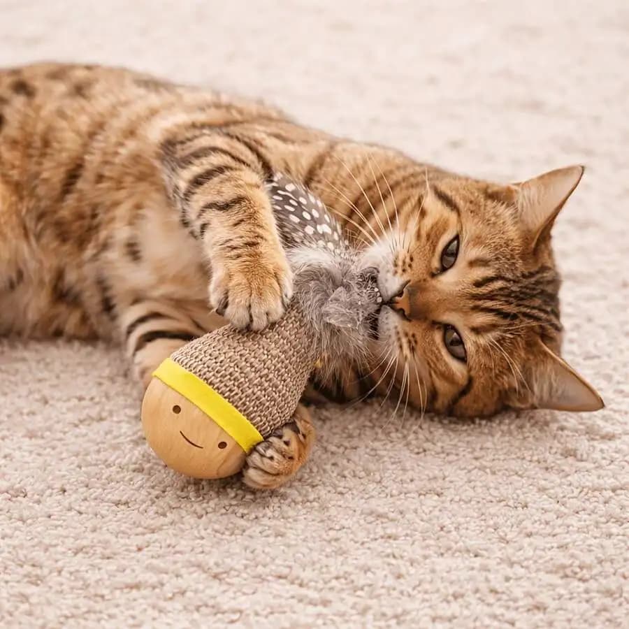 Self-Righting Tumbler Cat Toy With Feather And Sisal Scratcher, Interactive Indoor Teaser For Adult Cats