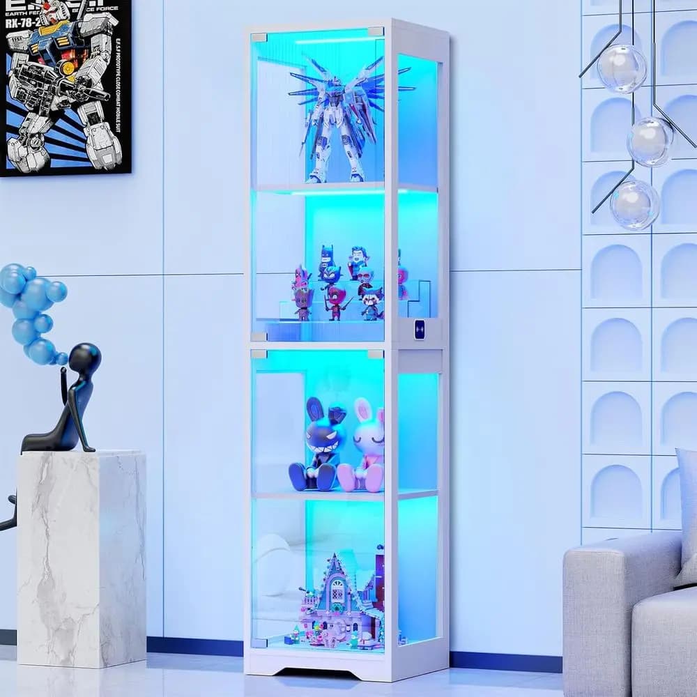 Vetrina Espositiva a 4 Ripiani in Vetro Bianco con 3 Luci Colorate, Sensore e Porta per Collezioni e Stoccaggio
