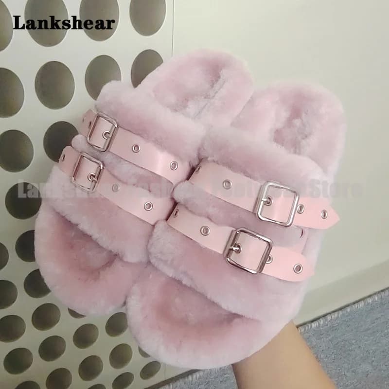 Pantofole con suola spessa con fibbia per cintura Ciabatte in pelliccia di lana Scarpe da donna Pantofole estive con punta tonda Sandali De Mujer Verano