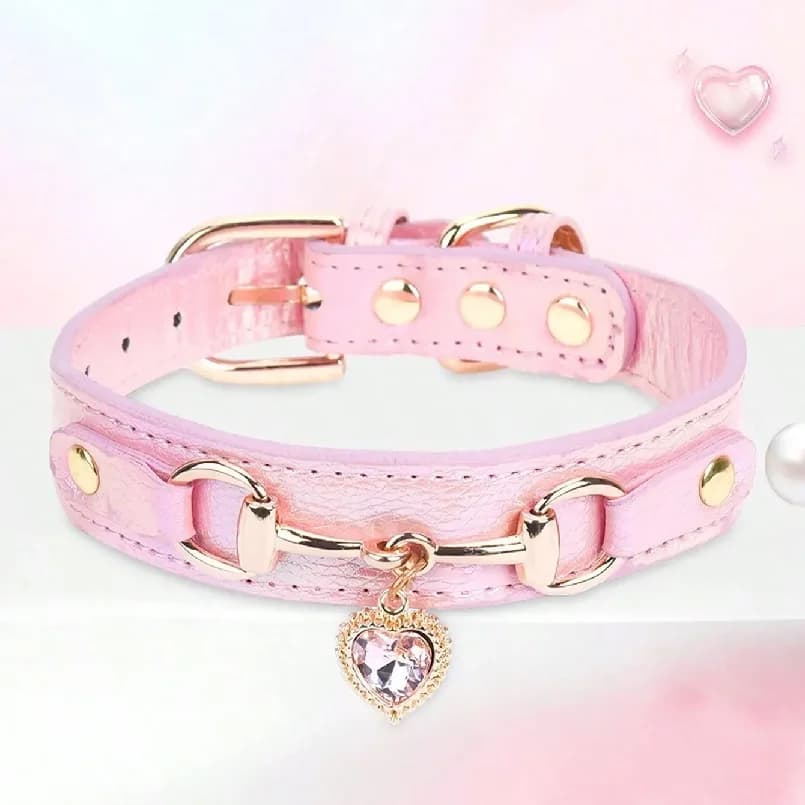 1Pc PU Leather Delicate Pet Dog Collar, High-Quality Leather Fabric And Alloy Fittings. Beautiful Gemstone Decoration.8-15''Neck
