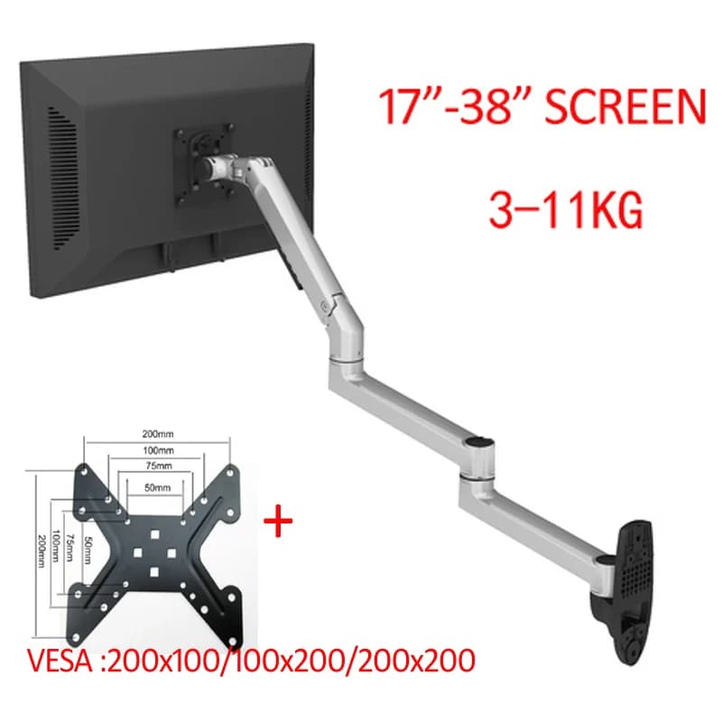 DL-7013 17-38 inch curved LCD monitor wall mount, spring mechanic, aluminium and steel, long arm, 2-10 kg, 3-11 kg, 100x100, 200x200