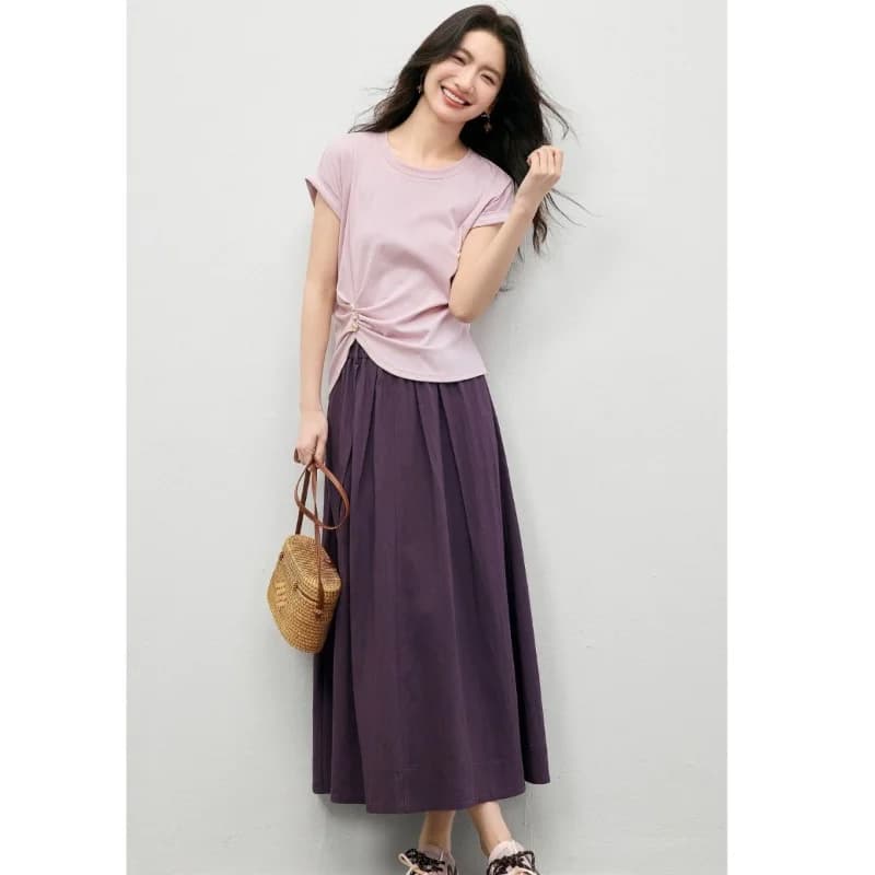 Women's Purple High Waist Pleated Midi Skirt Casual Loose A-Line Flowy Skirt