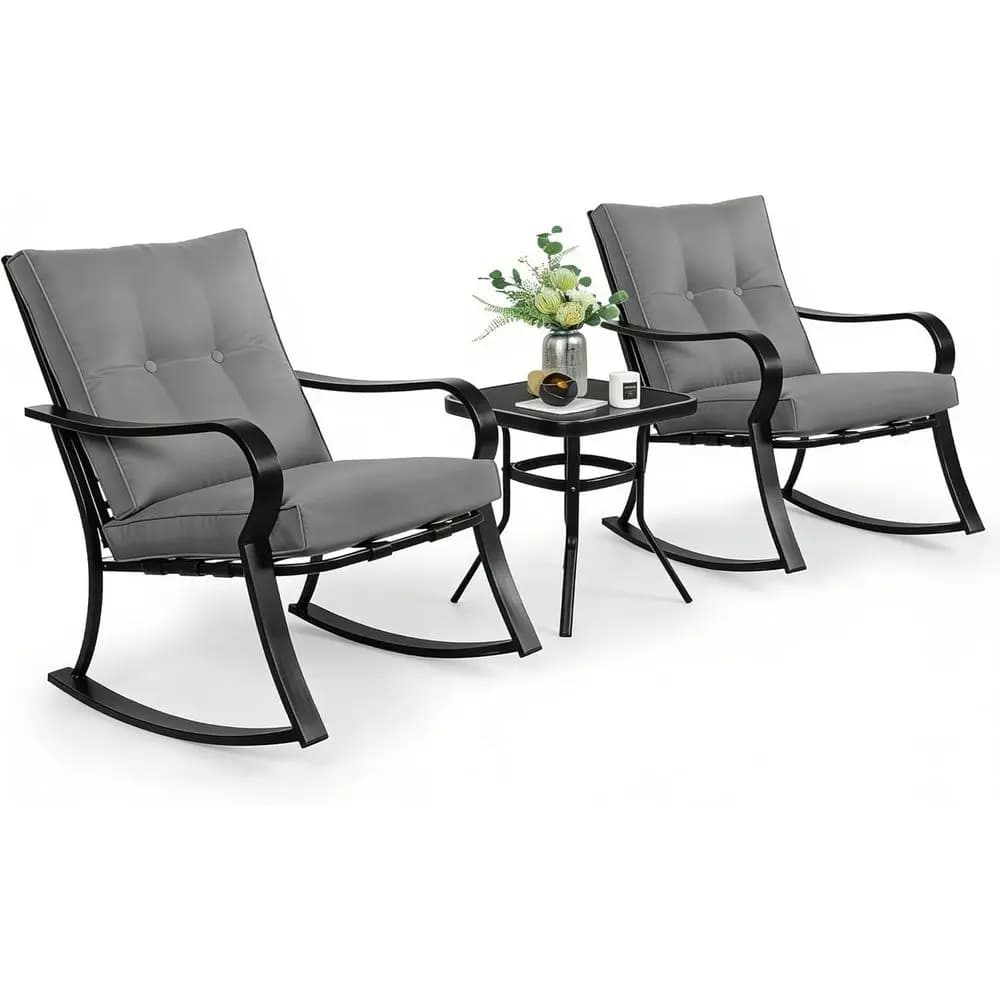 Outdoor 3-Piece Rocking Chairs Patio Bistro Set Black Steel urniture with Thickened Cushion and Glass-Top Coee Table, Grey