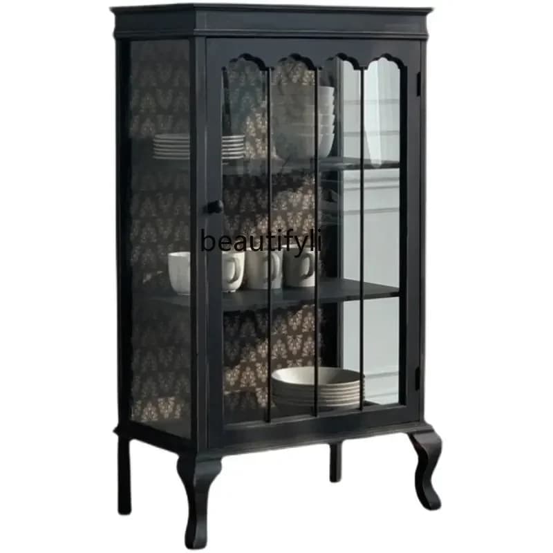 Armadietto per vino in legno massello di vetro pastorale nero vintage in stile francese in stile americano