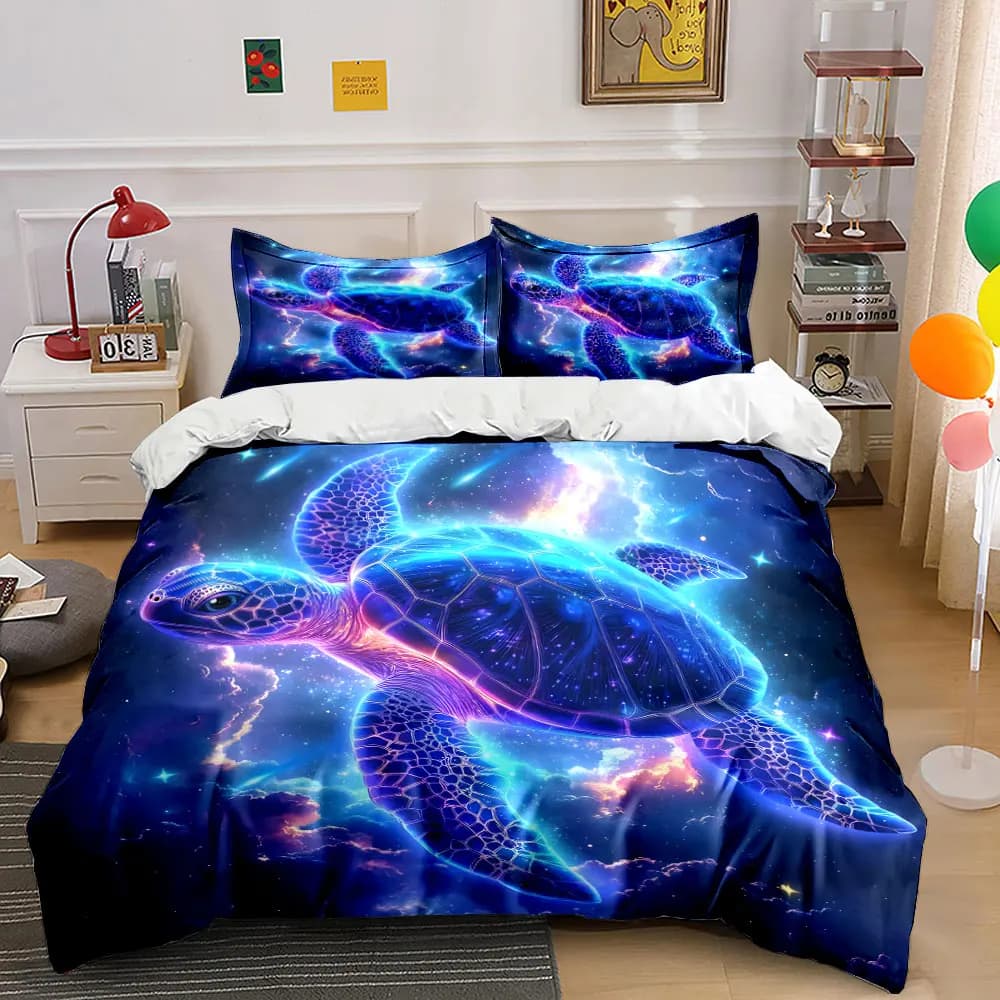 Set di biancheria da letto con stampa di tartarughe marine nel neon, 1 copripiumino, 2 federe per adulti e bambini, regalo di lusso, misura completa
