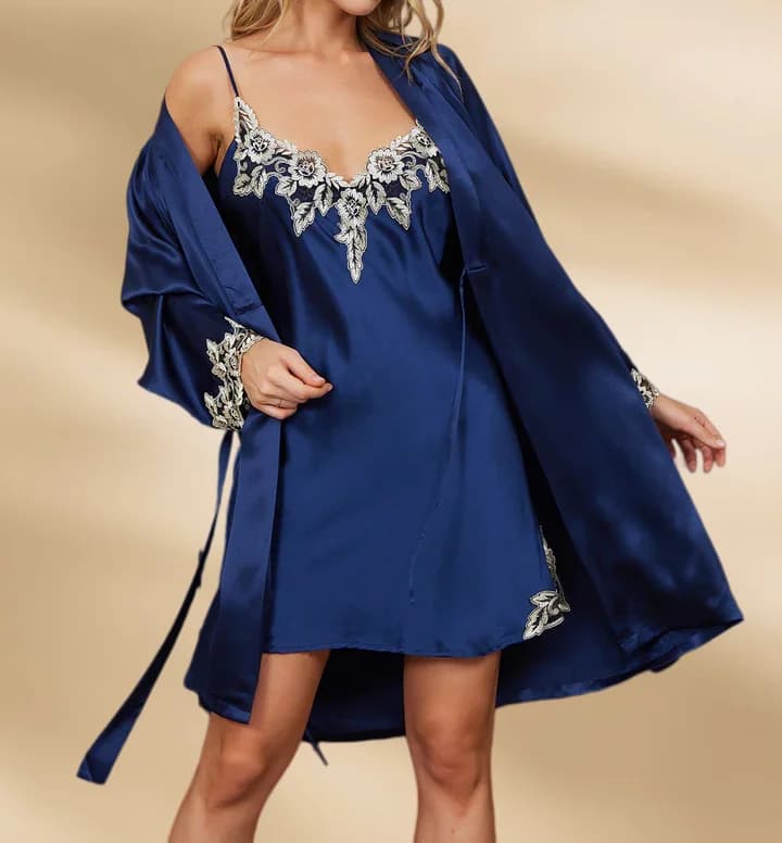 100% Mulberry Silk Pajama Set 2Pcs Women Lace Trim Camisole Nightgown & Robe Solid Luxury Satin Sleepwear Kimono Bathrobe Sets