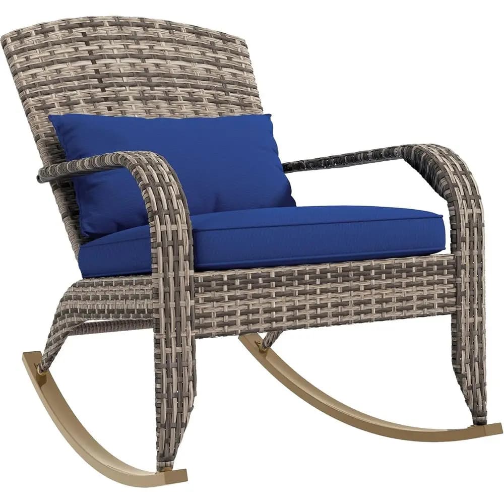 Sedia a dondolo in vimini con schienale alto, cuscino e guanciale per patio, giardino, portico o balcone, colore blu navy