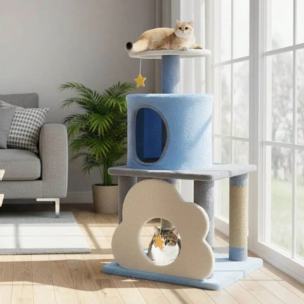 Albero per Gatti Moderno e Carino con Cuccia, Poste in Juta e Giocattoli Sospesi Blu e Viola