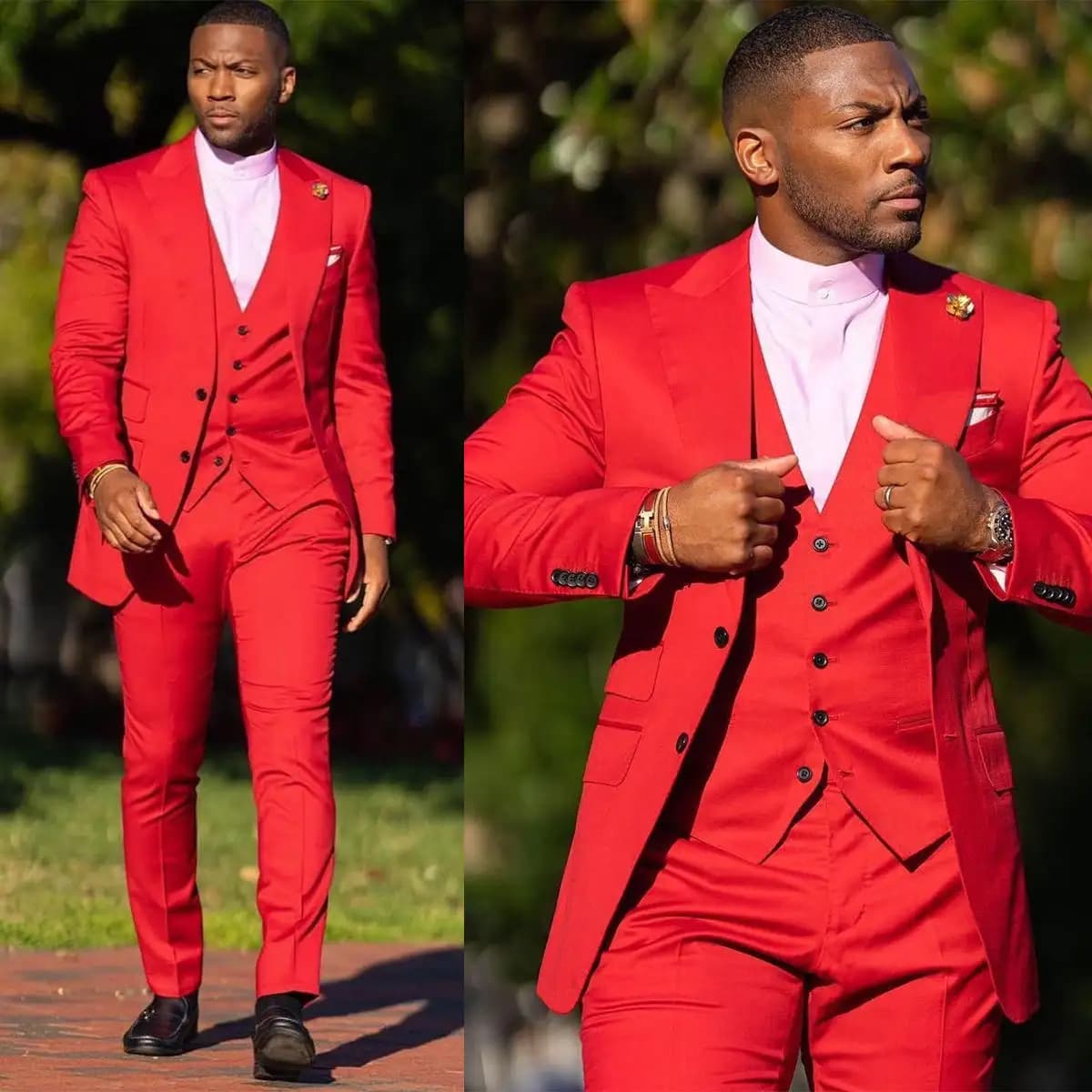 Red Man Tuxedos Peaked Lapel Breathable 3 Pcs Wedding Suit Handsome Jacket Vest Pant Set For Evening Groom Wear Party Customized