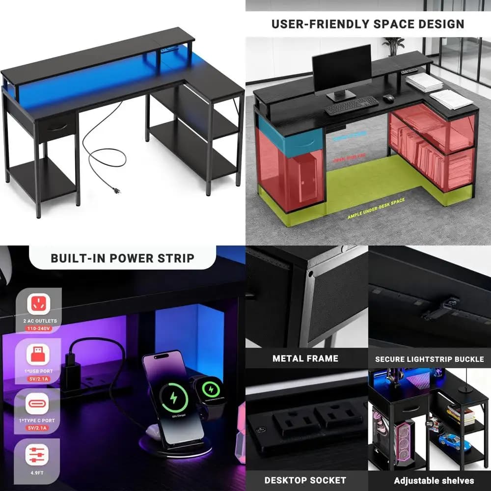 47-inch L-shaped gaming desk with LED lighting, monitor support, power sockets and storage space for home office, black