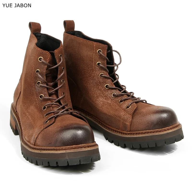 Cow Men Ankle Boots Genuine Leather High Quality Vintage Handmade Outdoor Work Boots Big Round Thick Bottom High-Top Men's Shoes