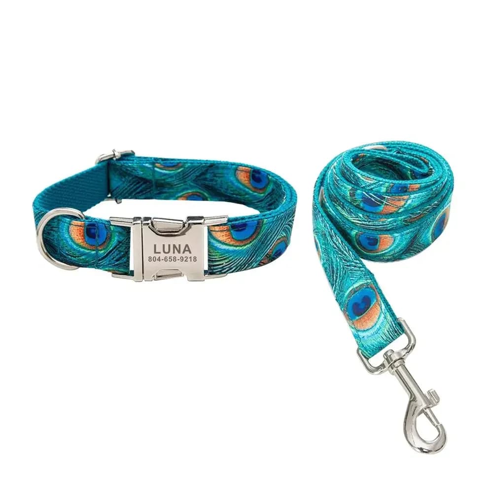 Collare per animali domestici personalizzato incisione gratuita targhetta identificativa personalizzata targhetta identificativa regolabile con piume di pavone collari di base guinzaglio al piombo