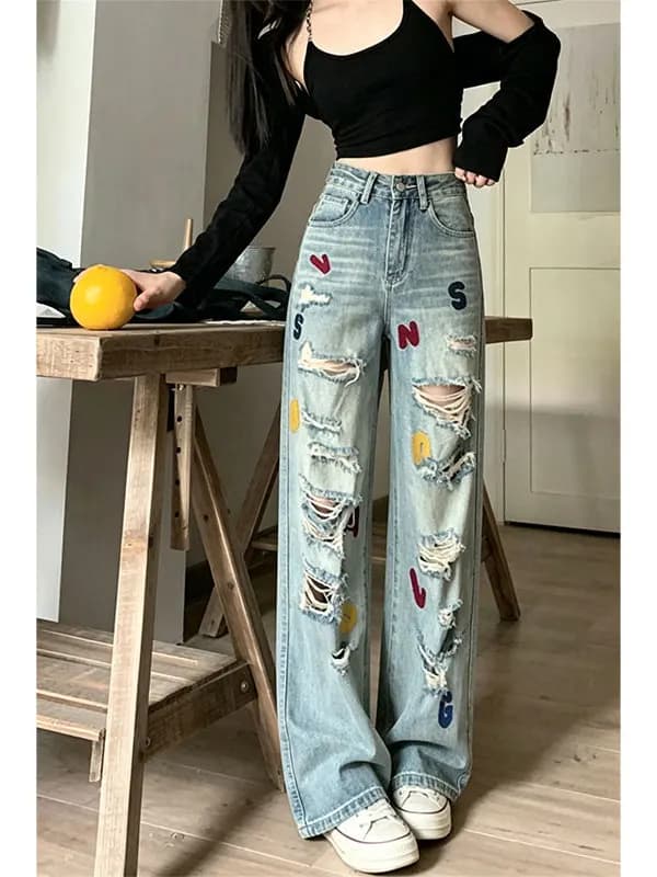 Fashionable High-Waisted Straight-Leg Jeans Women's Summer New Style Long Pants Drag Floor Design Hole Design Wide Leg Jeans