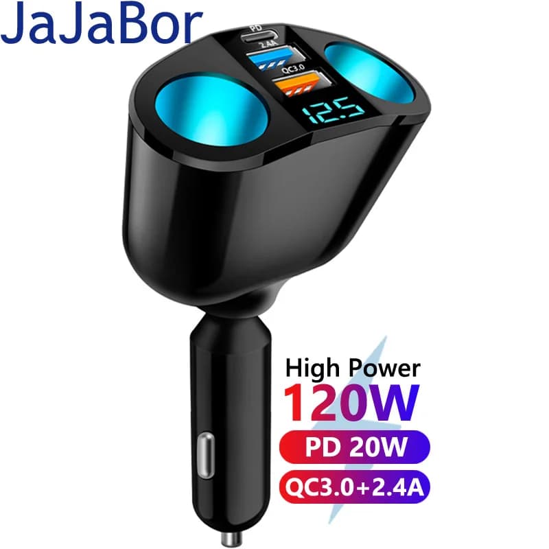 JaJaBor presa accendisigari per auto Splitter 5 prese 120W ad alta potenza tipo C PD 20W USB 2.4A QC3.0 adattatore di ricarica rapida