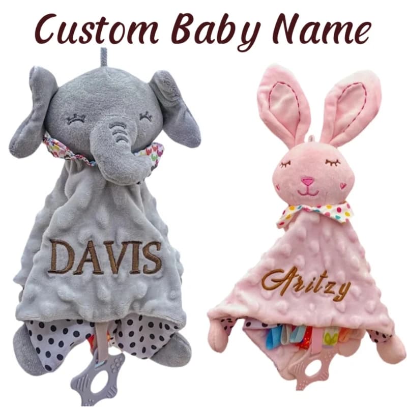 Copertina di Sicurezza Personalizzata per Neonati a Forma di Elefantino in Cotone Biologico con Massaggiagengive in Silicone, Regalo per Baby Shower