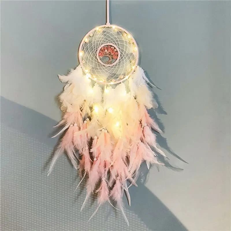AB11 2X Handmade Dream Catcher Hanging Ornament with LED Lights, Feather Healing Crystal Dreamcatcher for Home Wall Decor