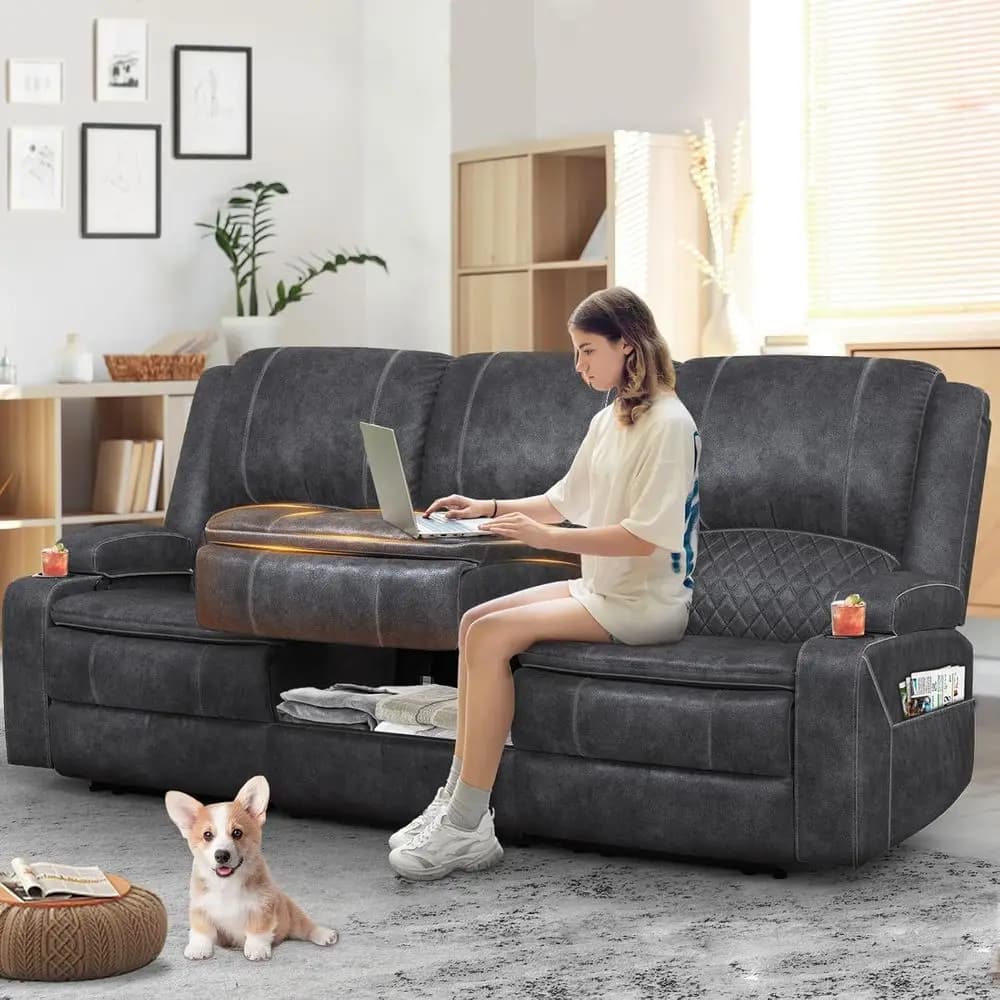3-seat reclining sofa with container, cup holder and removable cover - Velvet grey