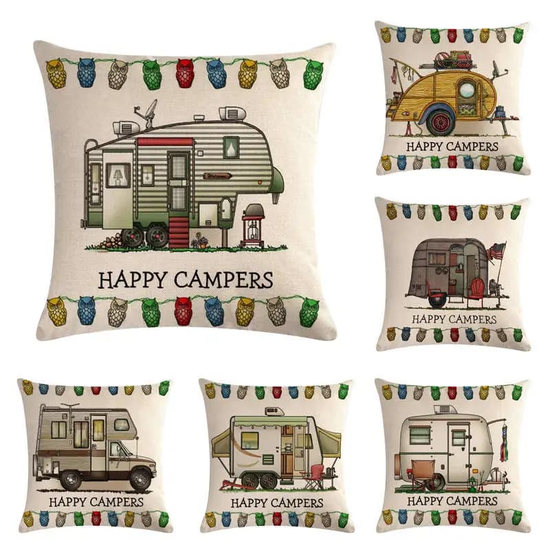 Set di 4 Federe per Cuscini Decorativi con Stampa Camper, Copricuscini da Viaggio per Divano, Stile Boho Floreale