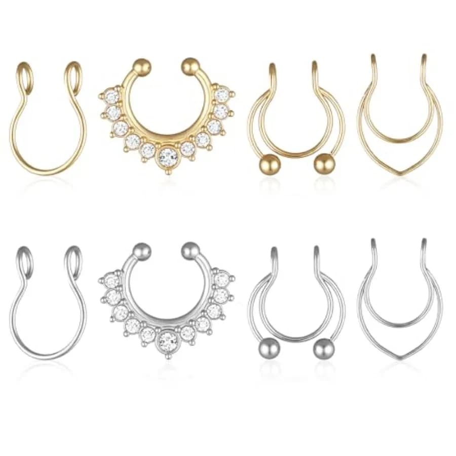 Fake Septum Ring, 8 Pcs Fake Nose Ring Stainless Steel Faux Septum Piercings Clip On Faux Nose Rings for Women Men Non Piercing