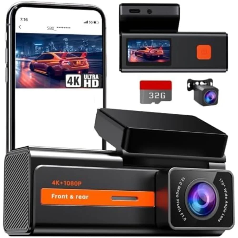 Dash Cam front and rear, double camera Dash 4k+1080P for cars, mini Dashcam WiFi 1.5" with app, 170 ° Camera for wide-angle cars, night V