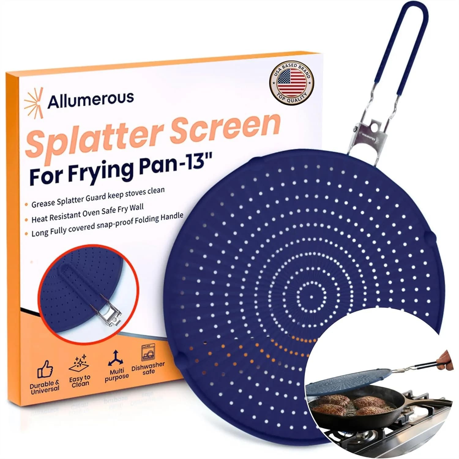 Schermo antispruzzi in silicone per padella, 13” Blu navy – Protezione contro il grasso, resistente al calore, lavabile in lavastoviglie, manico pieghevole