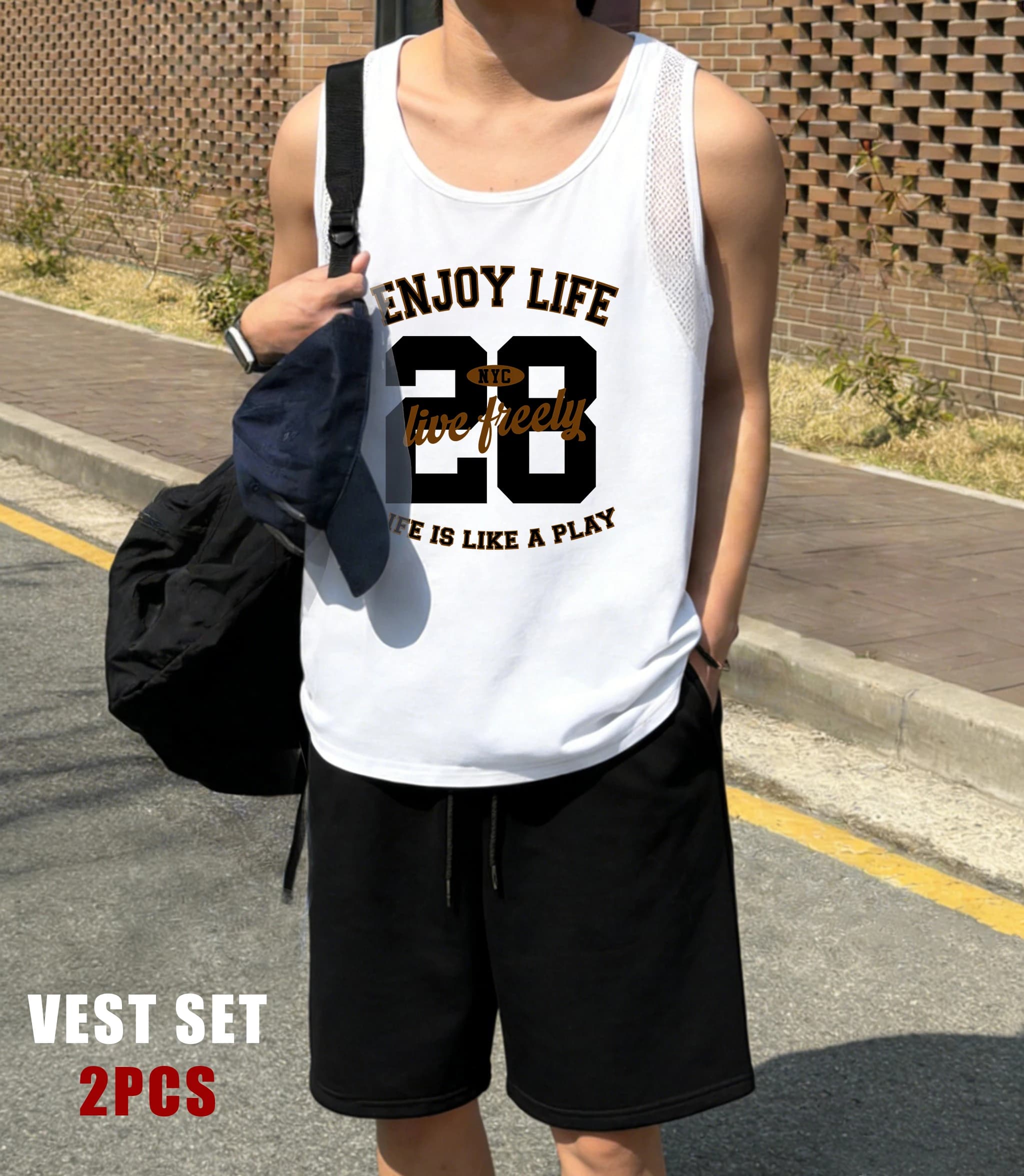 Enjoy Life New York Numero 28 Set Gilet Reticolare da Uomo, Pantaloncini Basic, Canotta Estiva, Completo Sportivo da Uomo, T-shirt Senza Maniche con Collo a O