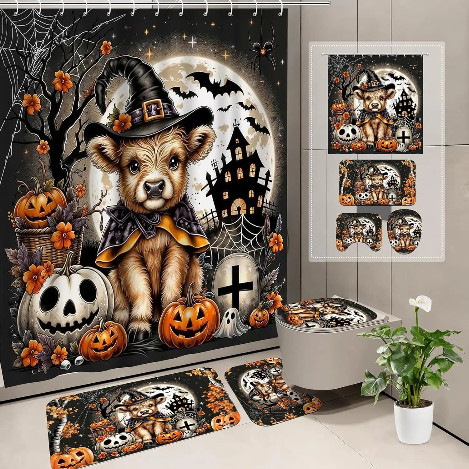Set tenda da doccia per Halloween con tappetino da bagno da 72x72 pollici, tappeto a forma di U, copriwater e 12 ganci - Decorazione spettrale per vitello strega