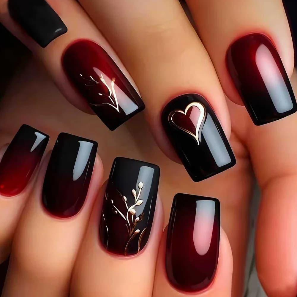 Fake heart-shaped nails for Valentine's Day, weddings and parties. Square fake nails with almond, short and medium, with black and red nuances. Fake pressure nails.