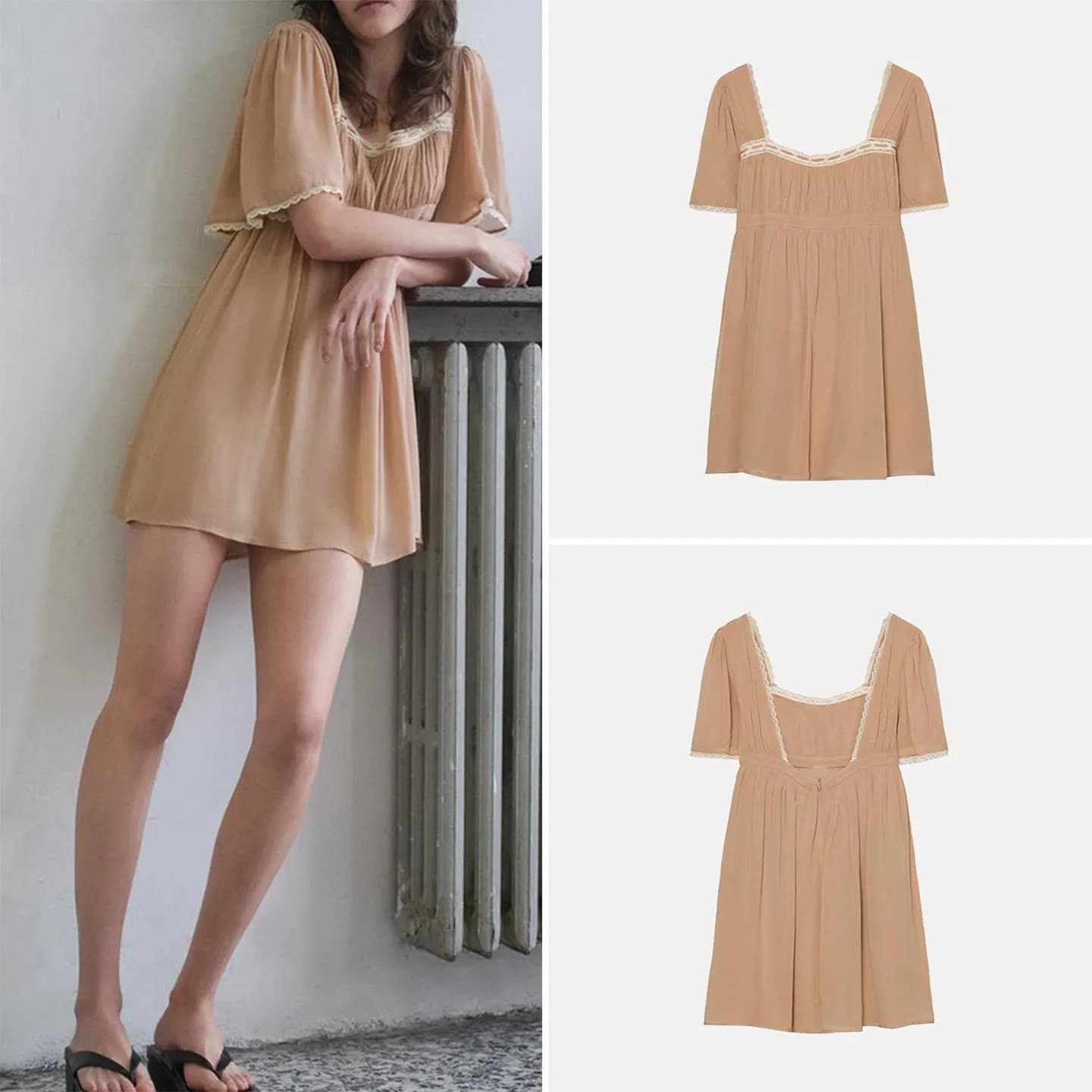 Fashionable Lace Splicing Dress Women's Spring 2026 Personality Matching Short Sleeve Square Collar Slim Fit A-Line Dress
