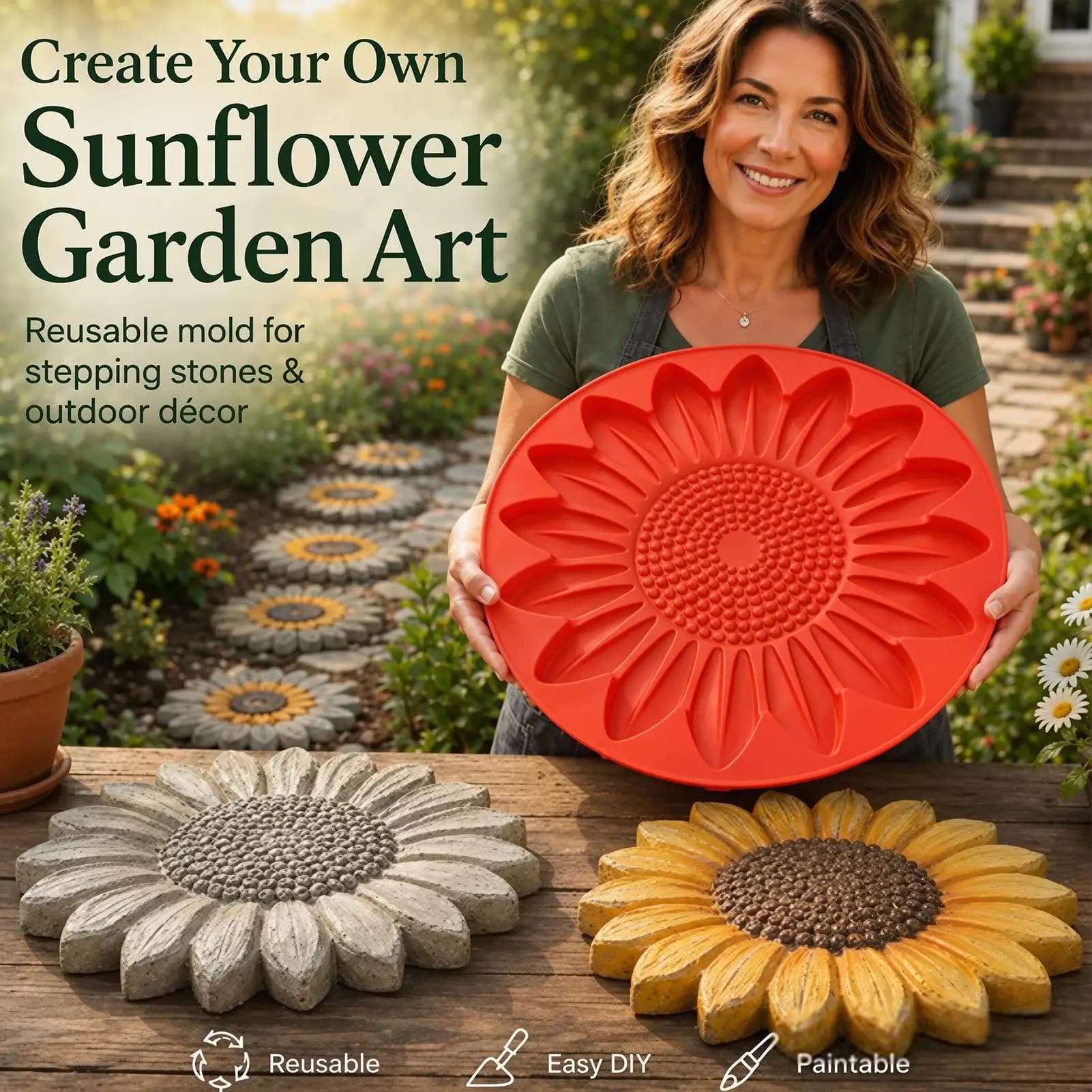 Stepping Stone Molds For Concrete Easy Release Silicone Cement Mould Sunflower Concrete Mold For Outdoor Landscape Lawn Patio