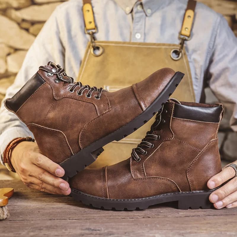 British Retro Men's High-Top Leather Cowboy Boots Lace-Up Comfortable Breathable Equestrian Casual Shoes Premium Quality Fashion