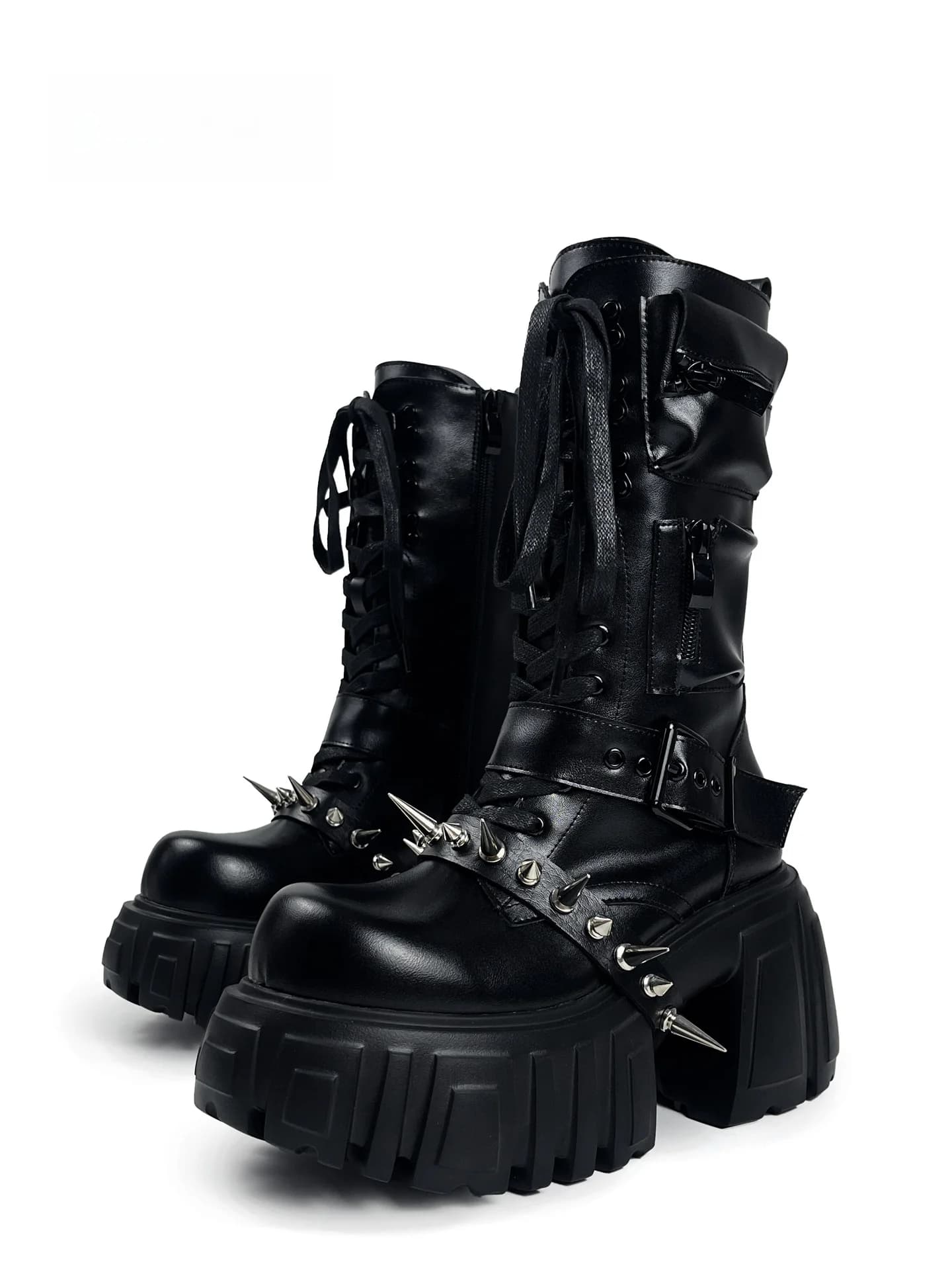 MibVias Original Dark Punk Style Mid-Calf Boots Women's Heavy Metal Rivet Cyber Thick Bottom Knight Boots Women
