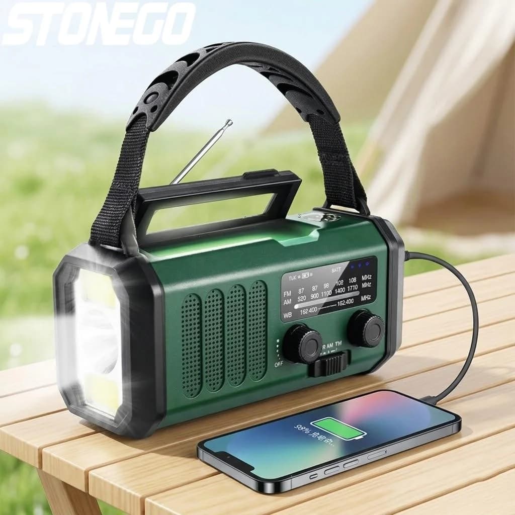 Radio FM AM Solare con Manovella 10000mAh, Caricatore USB-C, Torcia, Allarme SOS, Bussola, Attrezzatura di Emergenza per Sopravvivenza all'Aperto