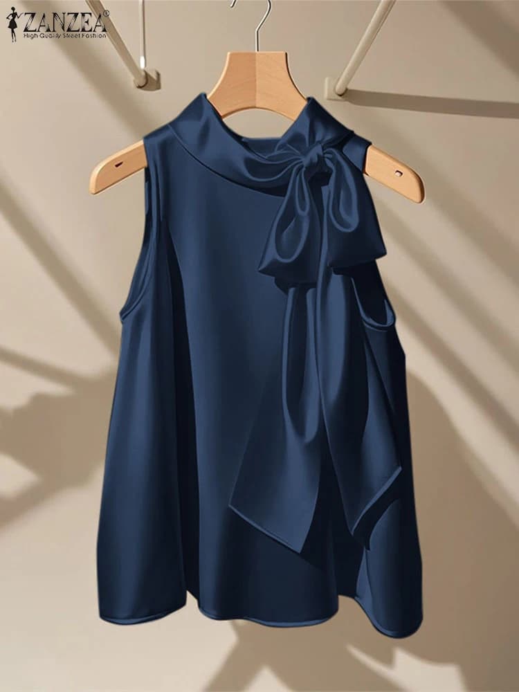 ZANZEA Camicette eleganti Papillon Top Donna Raso Blusas 2025 Estate senza maniche Tinta unita Mezza collo alto Camicie moda casual