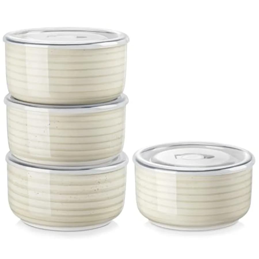 Set di 4 Ciotole in Ceramica Bonbon con Coperchi, 36 oz, Adatte al Microonde, Contenitori Ermetici per Conservazione Alimenti, Preparazione Pasti e Insalate