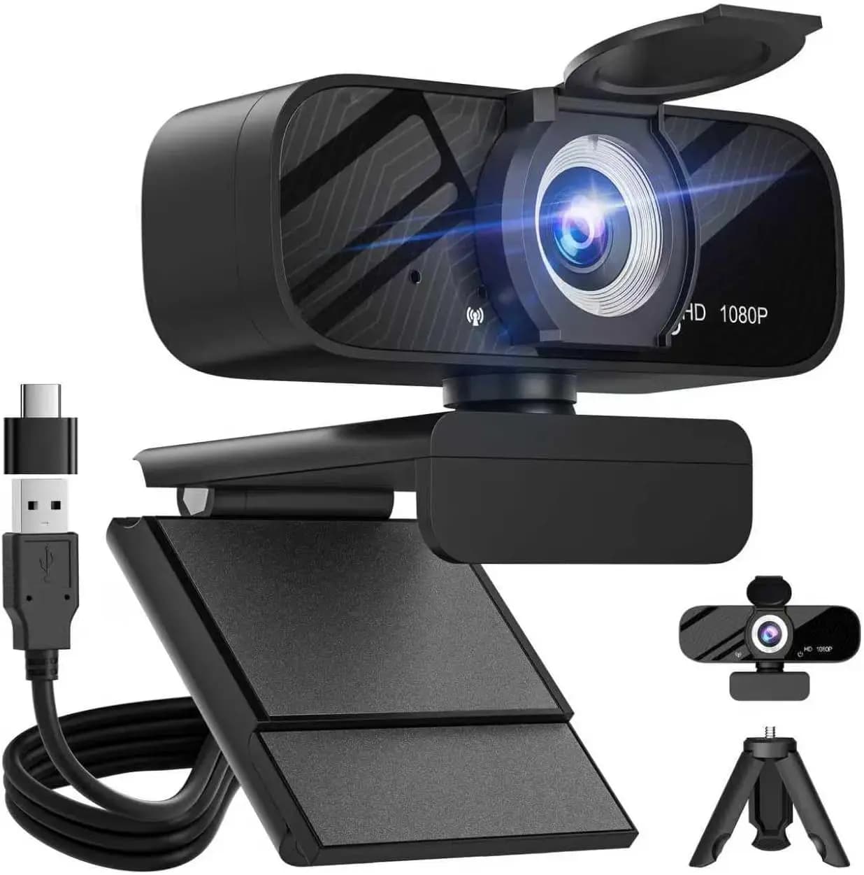 Webcam 1080P con cancellazione del rumore, copertura per la privacy, grandangolo, correzione automatica della luce, plug & play per PC/Mac
