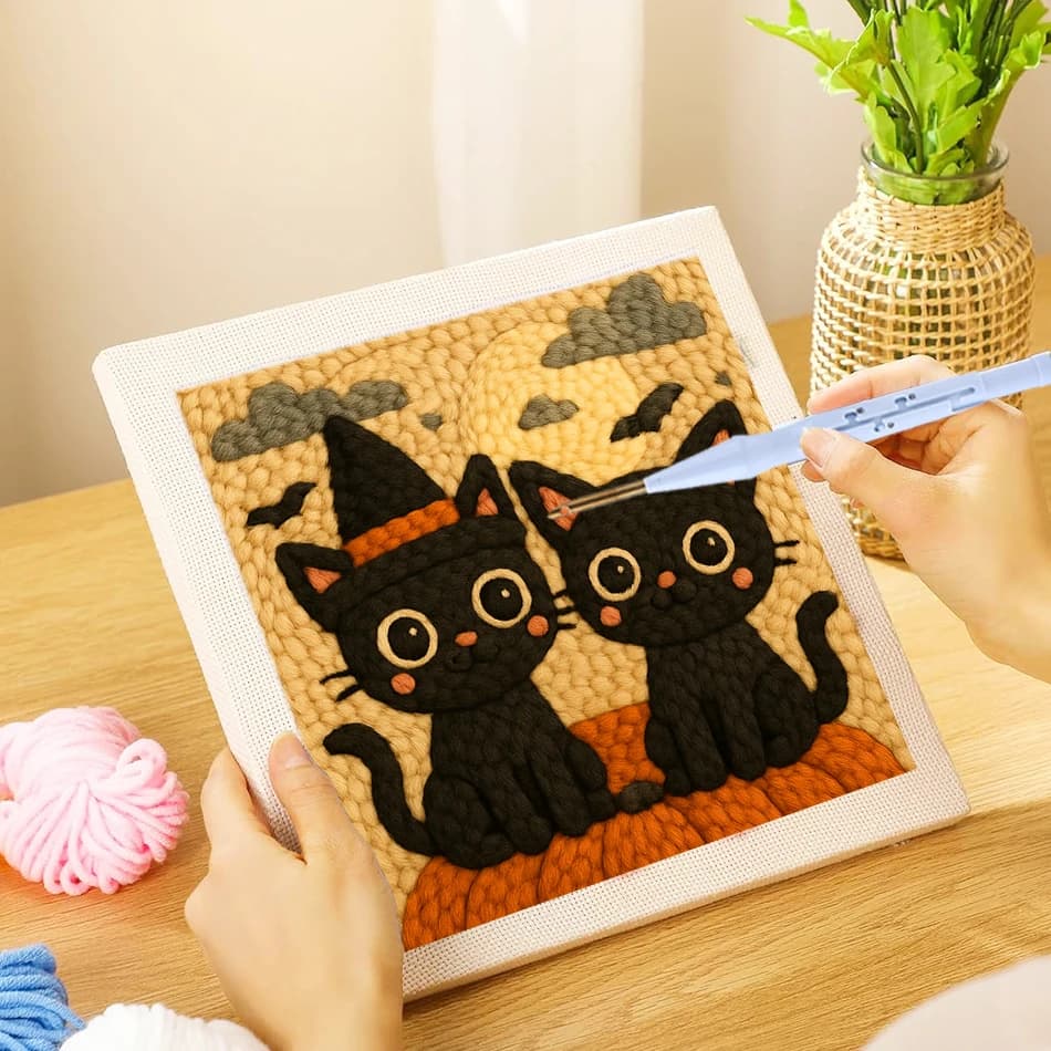Kit punch neddle Kit ago da ricamo pipistrello gatto nero con cornice Set da cucito artigianale Regalo artigianale fai da te per Halloween 25x25 cm Nuovo